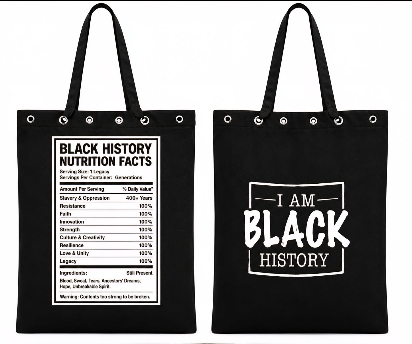 Black History Nutrition Facts Tote Bag - With or without eyelets