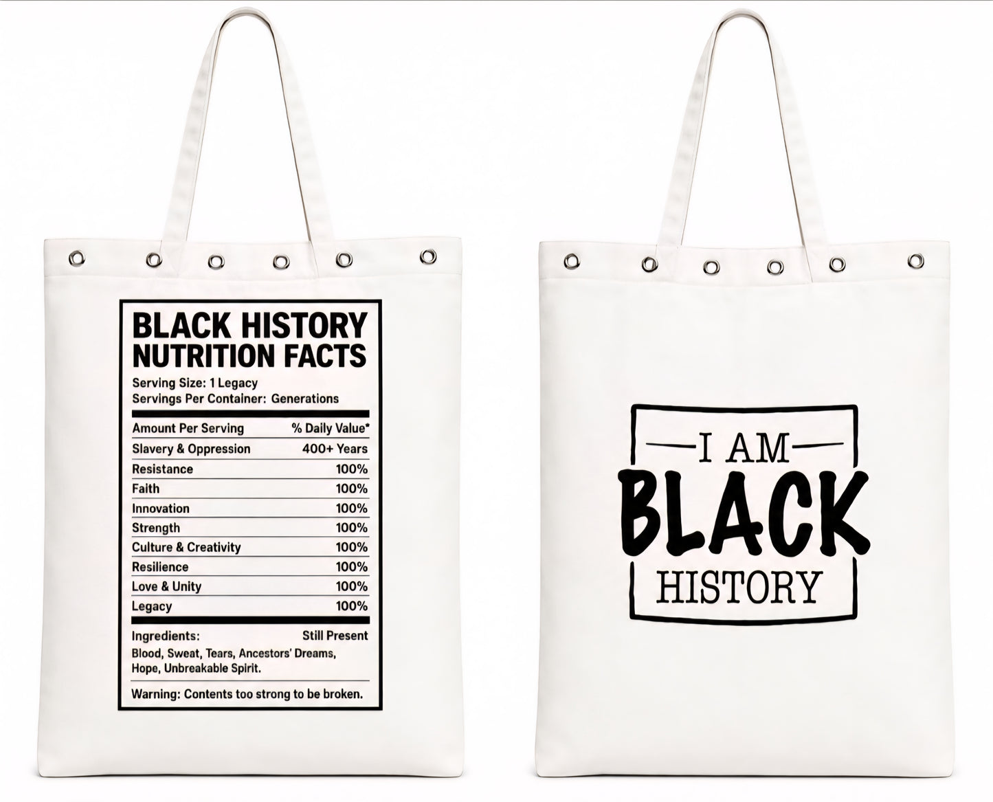 Black History Nutrition Facts Tote Bag - With or without eyelets