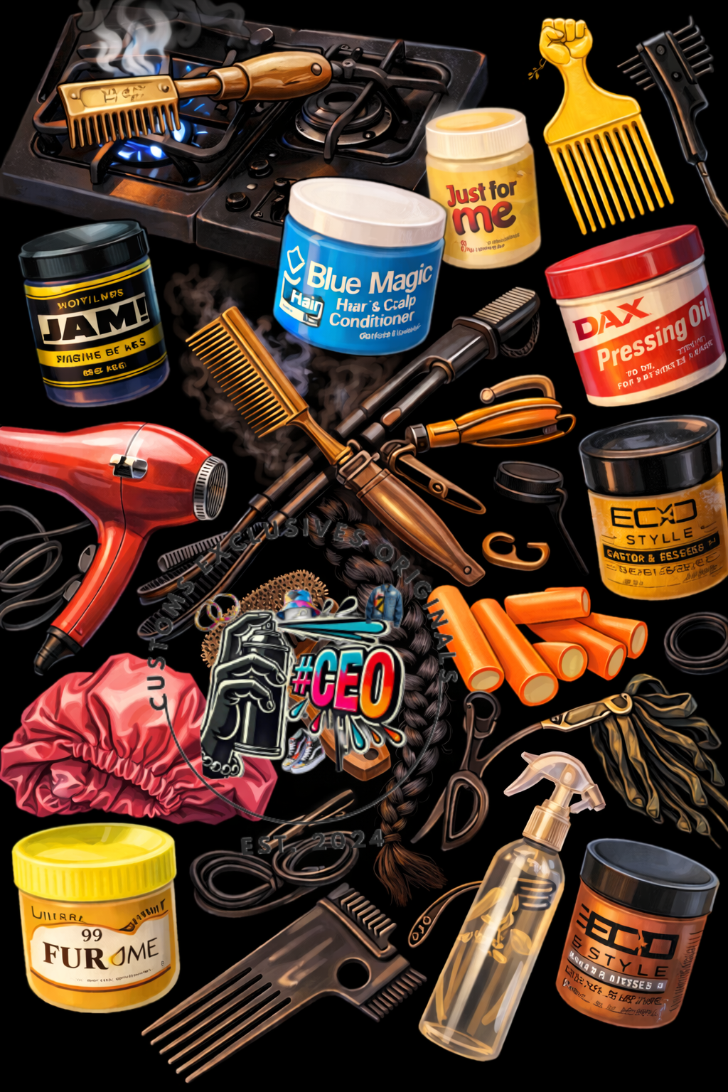 Black hair utencils - Commercial Use - Tumbler, Mug, Cap Designs (Instant Digital Download) - PNG